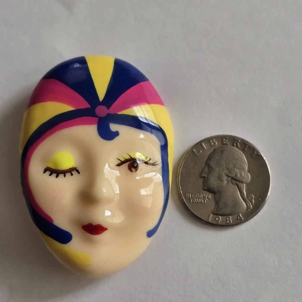 Vintage flapper brooch neon plastic woman head face art deco pin